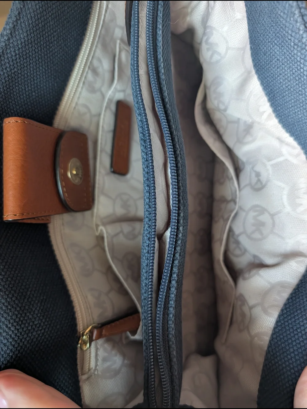 Michael Kors Navy Canvas Bag With Brown Leather Trim